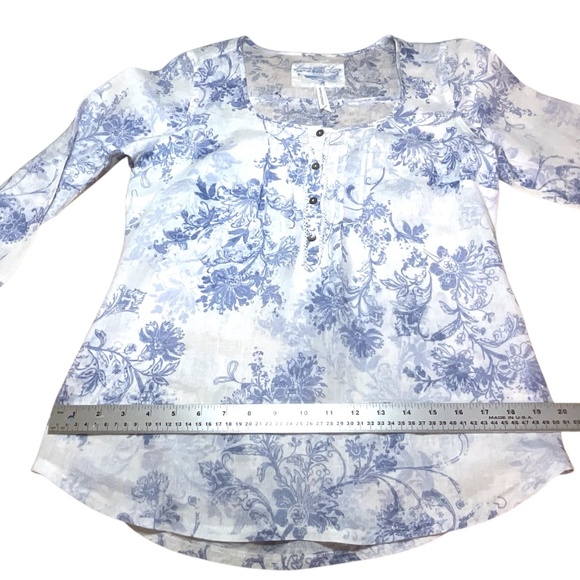 MARKS & SPENCER 100% Linen with Love White Blue 3/4 Roll Tab Sleeve Top Sz S - Picture 7 of 9